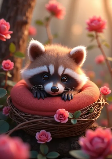 A whimsical and enchanting 3D render of a delightful baby raccoon, showcasing a stunning blend of burgundy, crimson, red, and rose hues. The fluffy raccoon snuggles in a cozy, warm nest adorned with vibrant flowers and leaves, exuding an aura of innocence ...