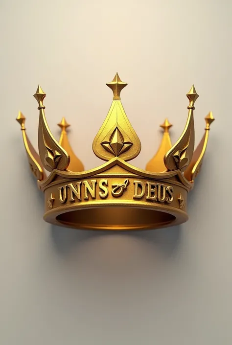 A logo for an online gaming guild, A logo consisting of the phrase "Filhos De Deus" placed on a golden crown, The design is minimalist, realistic and contains an effect of dimension, light and shadows.