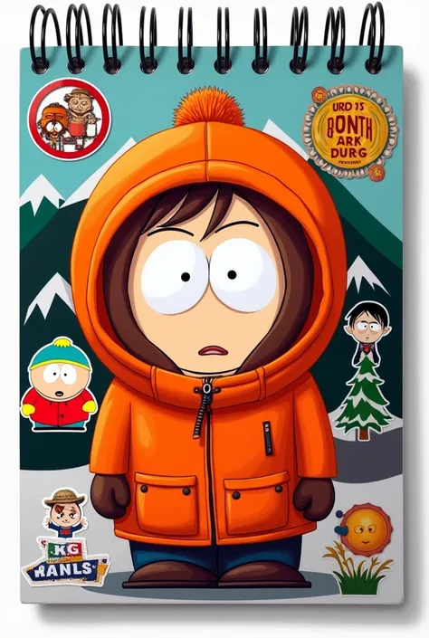 A SOUTH PARK character Kenny notebook cover with stickers of him on the cover and other things.