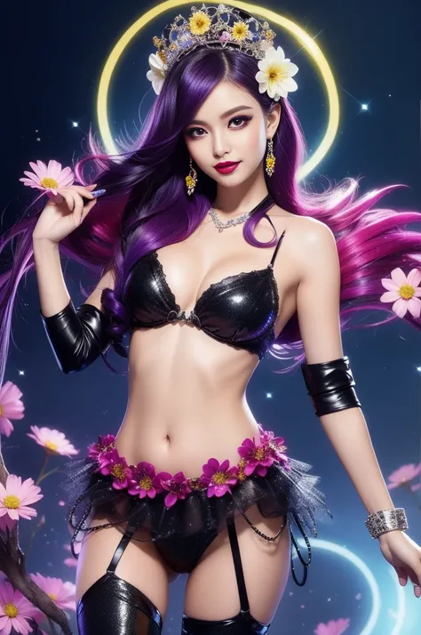 sexy Brazilian model who controls poison、sexy smile、lipgloss、bold lipstick、intense makeup、look at the camera、full body Esbian、、sparkling poisoned flower costume、、、、sparkling Colorful hair、secrete poison、skull hair accessories、sexy tights、shiny sparkling fl...