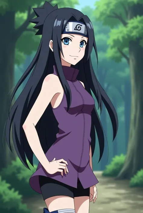 Screenshot, naruto anime style, a girl woman, pale white skin, medium height, blue eyes, black hair, long, loose, no bangs, ninja clothes linda, violet short dress and black shorts, with ninja band, In a forest
