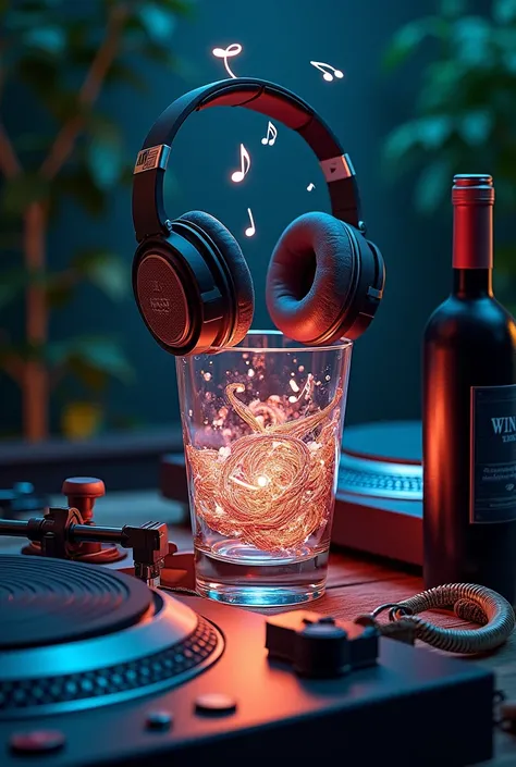 a bottle of wine
a pair of headphones inside a glass filled with musical notes
A pair of turntables 