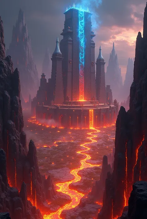 A fire and lava temple with its town, residing in between obsidian and volcanic rocs. Red and blue flames and lava, adorn the summerian buildings. There is a fire forest as well, with flame-plants.