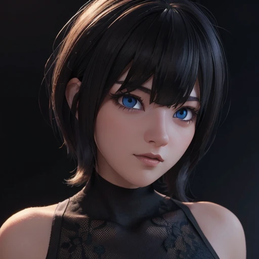 face beautiful blue eyes short hair with bangs style bob, perfect detailed 3d rendering high resolution wallpaper fanart stunnin...