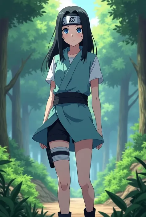 Screenshot, naruto anime style, a girl woman, pale white skin, medium height, blue eyes, black hair, long, loose, no bangs, ninja clothes linda, light blue short dress and black shorts, with ninja band, In a forest
