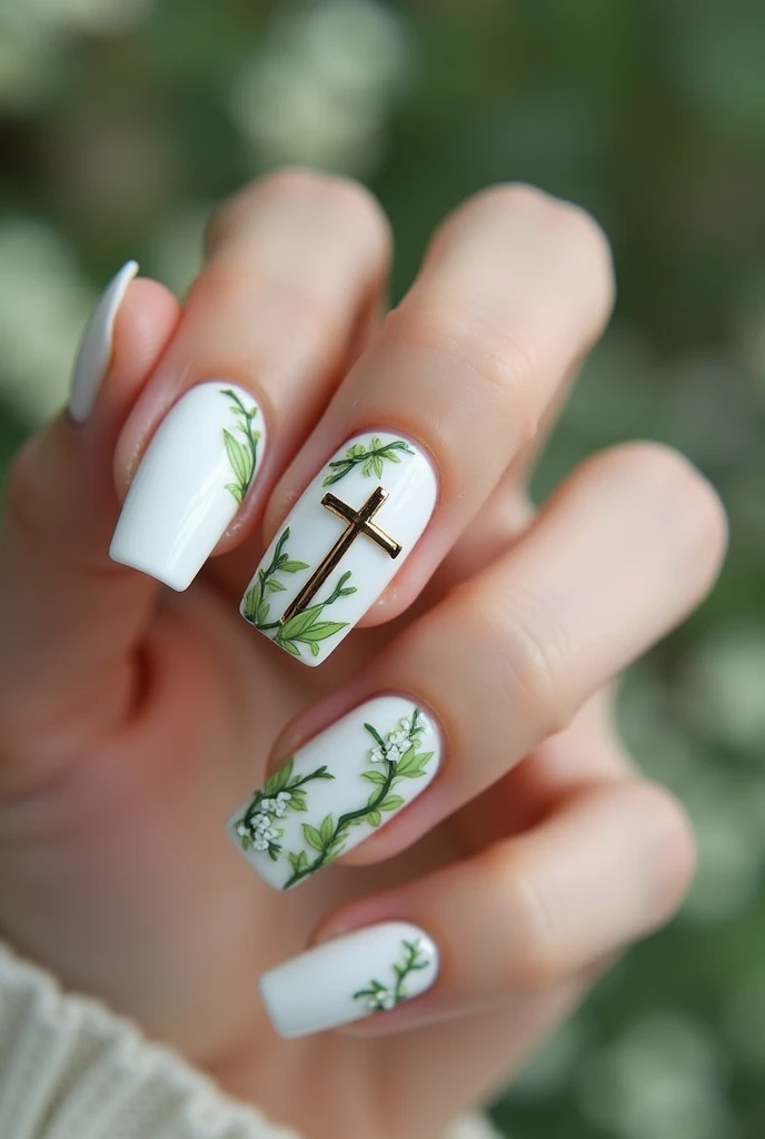 White Gel Nails. 1,5 cm. Green embellishments in the form of vines and flowers . Plant Christian cross also