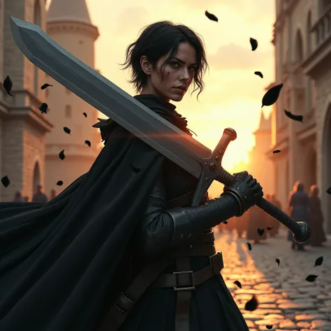 1 warrior women with several scars, expressive black eyes, black short hair, dressed with a black cape, using his massive two hand sword ,fighting pose ,black petals fall from the sky in big medieval city in sunset in background, detail richness, masterpie...