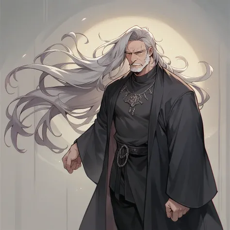 An old man with long gray hair in a black robe 