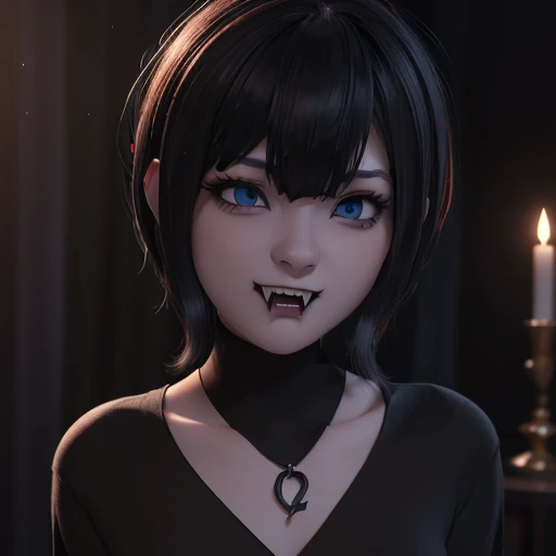 face beautiful blue eyes short hair with bangs style bob, showing long fangs vampire, makeup, perfect detailed 3d rendering high...