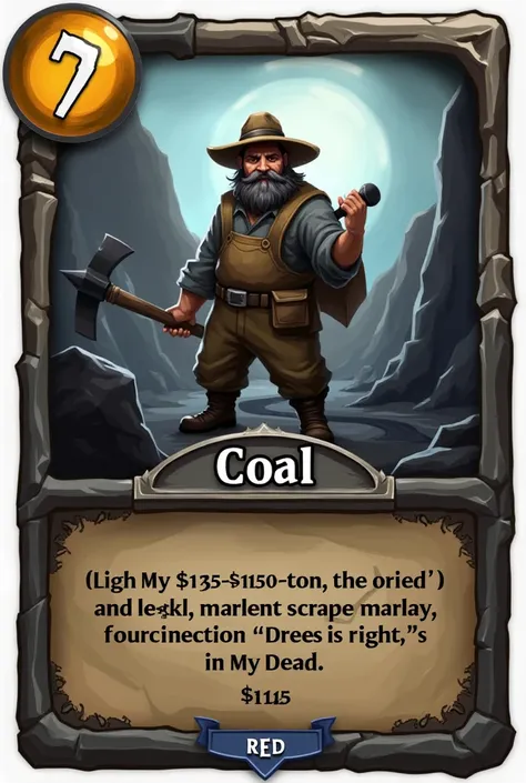 simple cards for a game, with resource name (coal) a picture of him and his current price ($135-$150) per ton