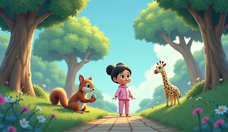 A squirrel is sitting with a nut, a plush giraffe toy and a little cartoon girl in pink pajamas are looking at it