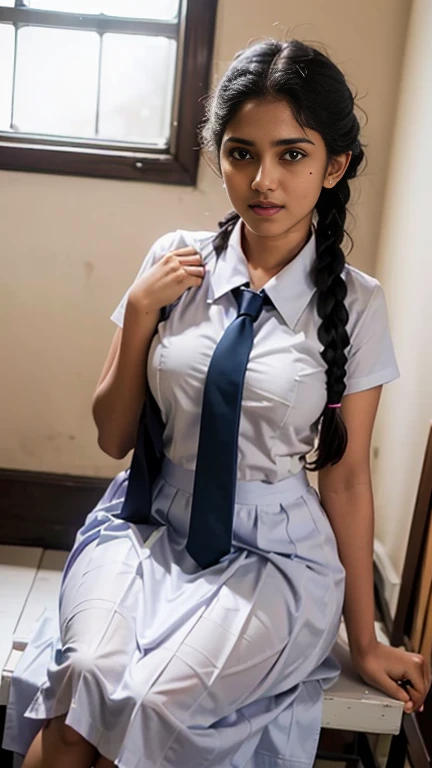 Raw photo , 1 girl  ,Wearing white frock and color tie, white shoes ,sri lanka teen school girl, with plait, big breasts, sexy , professional photographer, (hdr:1.4), masterpiece, ultra-realistic 8k, perfect artwork, intrincate details, cute face, award wi...