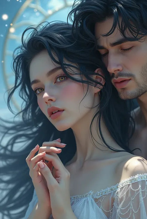 Goddess of music and wisdom "Lyste" 
With long black hair with bangs, hazel eyes, pale skin
As for the guy is with a handsome and  physicque body with dark hair 