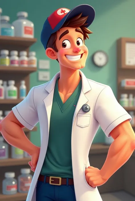  with Disney movie features, brown hair, pharmacists coat, one hand on his waist and the other showing his strong muscle, happy and wearing a dark blue and red cap