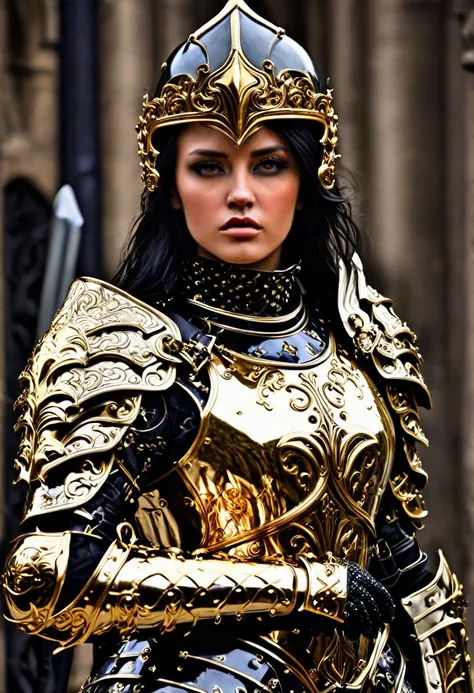 a close up of a woman in armor with a sword, stunning armor, wearing fantasy armor, very stylish fantasy armor, gold heavy armor. dramatic, beautiful armor, fantasy armor, black and gold armor, gothic armor, wearing ornate armor, intricate armour costumes,...