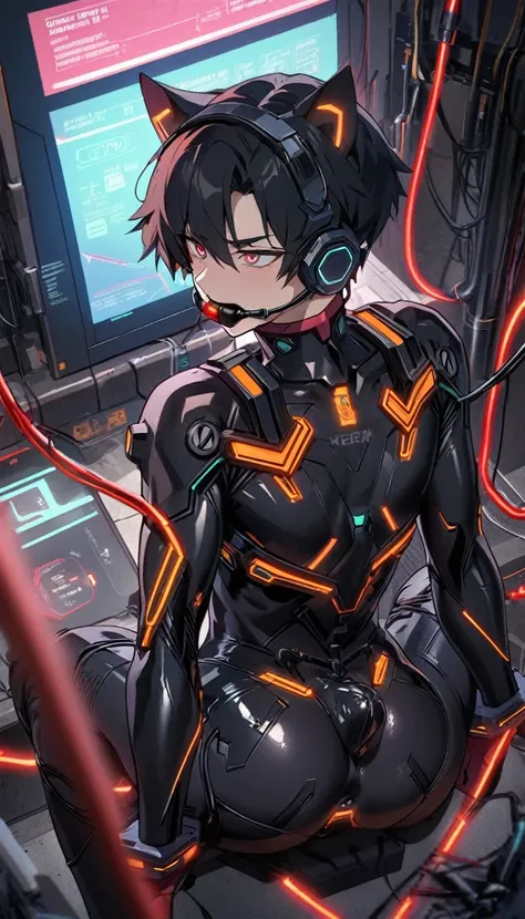 (nsfw5) (((1boy))), (((anime boy))), 20 years old, muscular body, black hair, black latex plugsuit, black latex, skintight no zipper neck entry black latex plugsuit, fullbody black latex plugsuit, shoulder plastic armour, ((wearing virtual reality headset ...