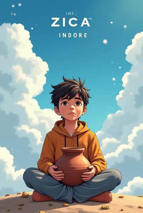 A adult boy holding a Makhan pot in his hand and sitting in the cloude anime style background text is ZICA INDORE 