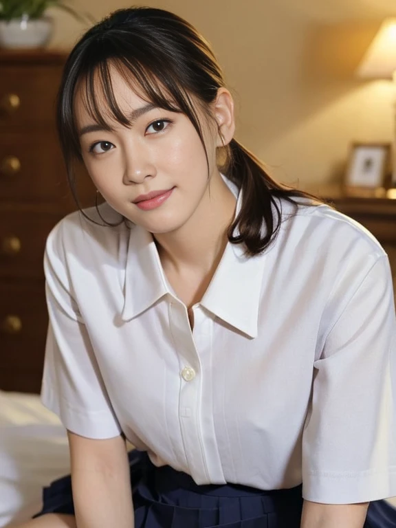 (Masterpiece, Best quality:1.3), (Ultra realistic, Photo-realistic:1.2), Natural light, 28 years old actress, Japanese beautiful 2 women, Neat and clean, (School uniform:1.2), (White shirts:1.1), (Short sleeve:1.1), (Dark navy pleated skirt:1.1), (unbutton...