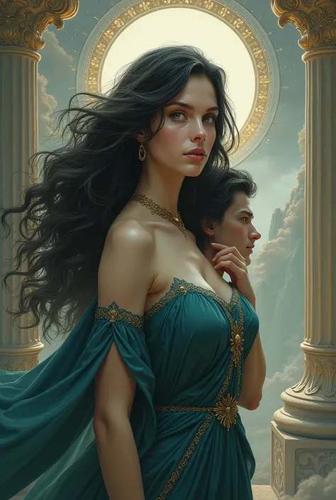 Goddess of music and wisdom "Lyste" 
With long black hair with bangs, hazel eyes, pale skin
As for the guy is with a handsome and  physicque body with dark hair  (not sexual please)