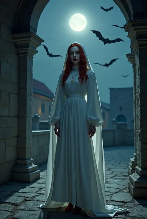 (no nudity: 1.5), a picture of an exquisite beautiful female nun vampire standing under the starry night sky on the porch of her monastery, (pale skin: 1.3), red hair, wavy hair, dynamic eyes color, cold eyes, glowing eyes, intense eyes, dark red lips, ((f...