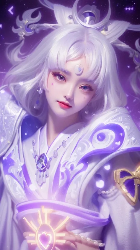 a woman with white hair and a purple outfit holding a heart, portrait knights of zodiac girl, onmyoji portrait, onmyoji detailed art, white haired deity, onmyoji, anime fantasy illustration, beautiful character painting, by Yang J, beautiful celestial mage...