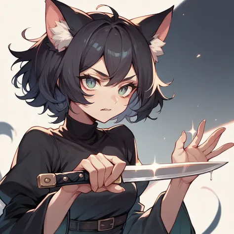 A girl with medium-length dark hair and cat ears, wearing black clothing and holding a knife in her hand. 