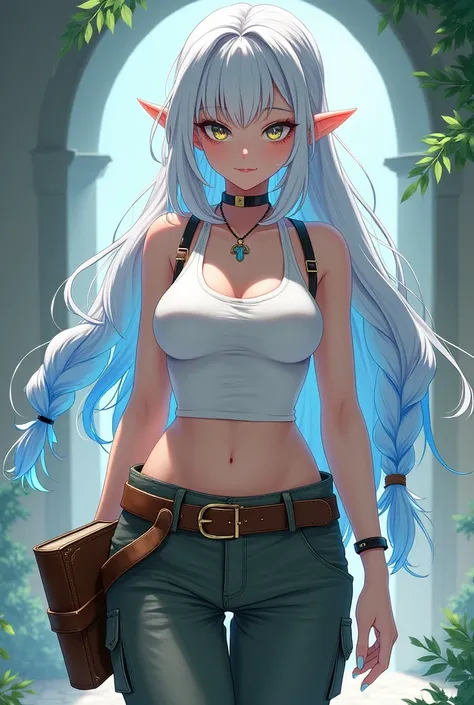 A girl with big breasts, that she is an elf, that she has white hair with blue at the ends, with a braid without bangs, that it be black, that she has long eyelashes, one eye blue and the other yellow, that she has cargo pants of those that are long, vario...