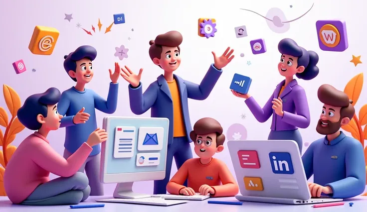 want a banner for your website that showcases learning and designing concepts related to Figma, LinkedIn, and Canva. Heres an idea:

Image description: A colorful banner featuring a group of small 3D cartoon humans engaged in various design-related activit...