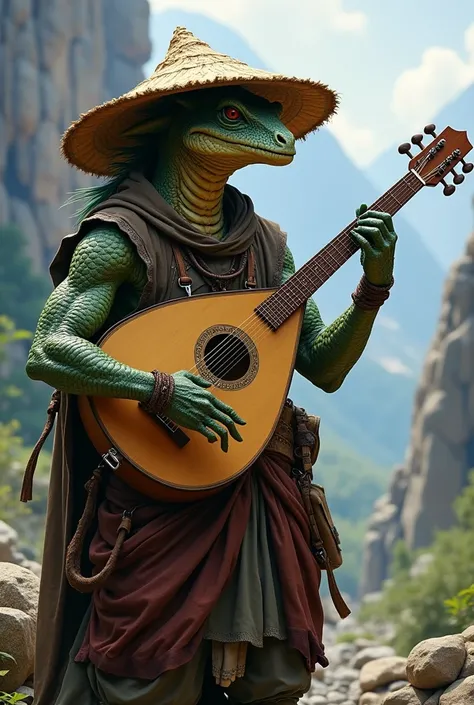  Dragonborne D&D bard with a medium worn straw hat