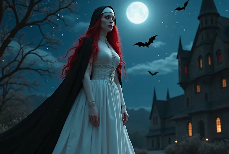 (no nudity: 1.5), a picture of an exquisite beautiful female nun vampire standing under the starry night sky on the porch of her monastery, (pale skin: 1.3), red hair, wavy hair, dynamic eyes color, cold eyes, glowing eyes, intense eyes, dark red lips, ((f...