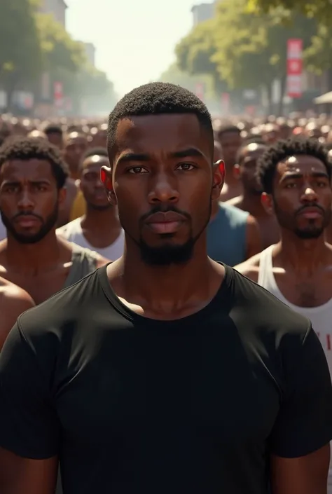 A black man with short hair in the middle of the crowd and wearing a black shirt 