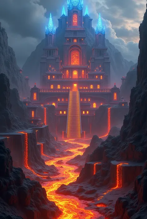 An old fire and lava temple with its city, in between obsidian and volcanic rocs. Red and blue flames and lava, adorn the summerian buildings. Rivers and waterfalls of fire and lava flow between the buildings. There is a fire forest as well, with flame-pla...