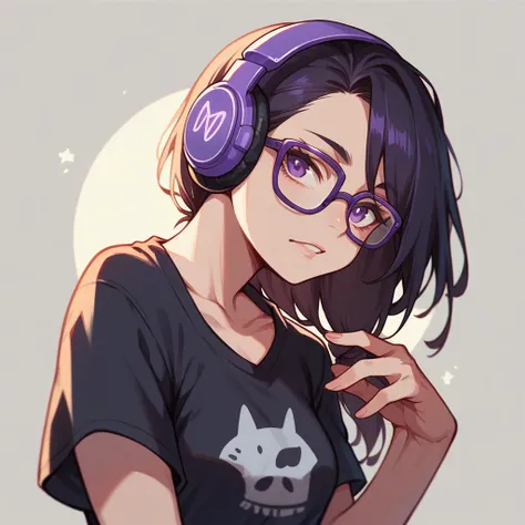 A girl with medium-length dark hair, a black t-shirt, purple glasses, and headphones 