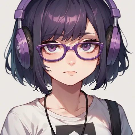 A girl with medium-length dark hair, a black t-shirt, purple glasses, and headphones 