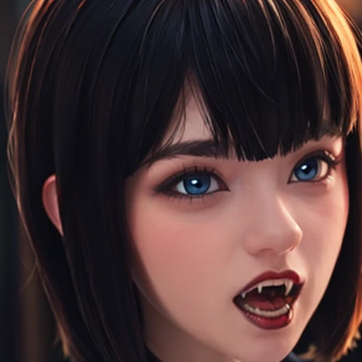 Face beautiful blue eyes short hair with bangs style bob, showing long fangs vampire, makeup, perfect detailed 3D rendering high resolution wallpaper fanart Stunning, nsfw 