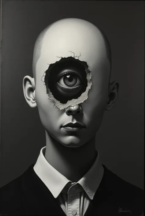 A monochromatic portrait of a person with a unique feature: a large, irregularly shaped hole in the center of their face, revealing an eye inside. The eye is detailed, with a prominent iris and pupil. The persons neck and part of their attire are visible, ...