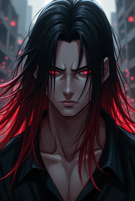 Anime character man with longish, completely black hair, but with red tips