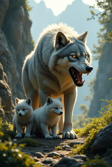 Create a wild image of a she-wolf caring for her pups 