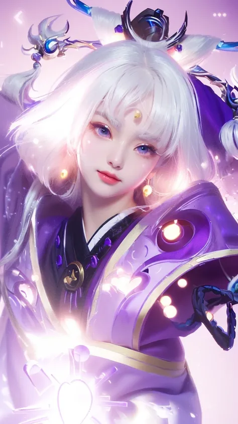 a woman with white hair and a purple outfit holding a heart, portrait knights of zodiac girl, onmyoji portrait, onmyoji detailed art, white haired deity, onmyoji, anime fantasy illustration, beautiful character painting, by Yang J, beautiful celestial mage...