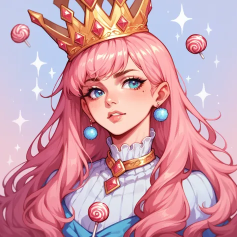 thick outlines, comic character, headshot, 1girl, pink long hair, bangs, in a crown, magical candy backround, sparkling, sweet world, candies world