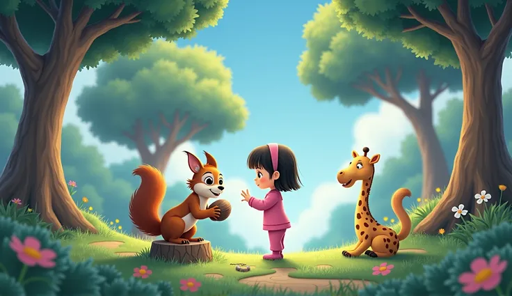 A squirrel with a nut sits, and a plush giraffe toy and a little cartoon girl in pink pajamas are looking at it.