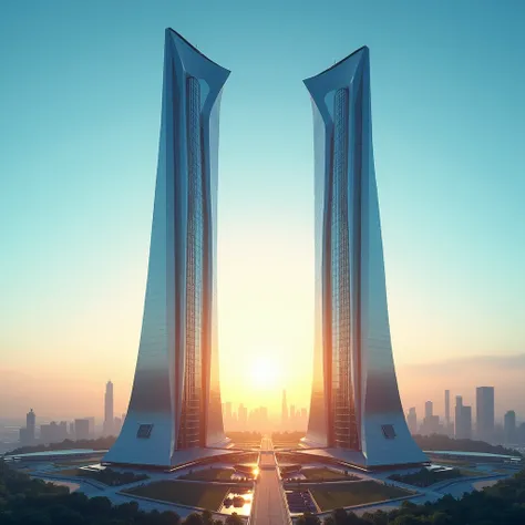 Two futuristic towers made of gleaming steel located to the right of the image with the sun between the two towers in the middle of a city with a clear horizon and sky 