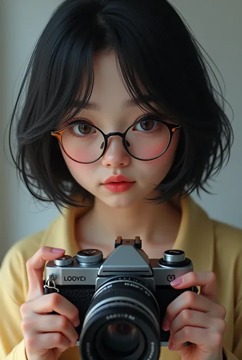 girl with glasses , short black hair holding a camera 