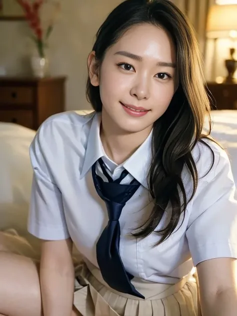 (Masterpiece, Best quality:1.3), (Ultra realistic, Photo-realistic:1.2), kneeling, Natural light, 28 years old actress, Japanese beautiful 2 women, Neat and clean, (School uniform Short sleeve white shirts:1.1), , (Dark navy pleated skirt:1.1), (Dark navy ...