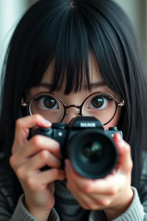 girl with glasses , black haired person taking a picture 