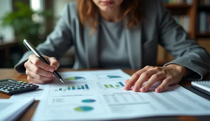 "A person checking their investment goals on a planner with a disciplined and focused expression, surrounded by financial tools, ar 16:9"
