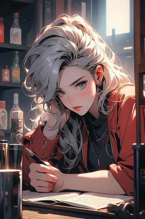 1girl, detective, cyberpunk, dim lighting, cabinet, across the table, holding a pen, gray hair