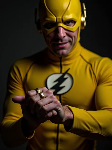 eobard thawne puts on his reverse flash ring in secret
 The ring is gold and the logo are tunder bolt and the suit is yellow and the logo tunder bolt in the chest is black