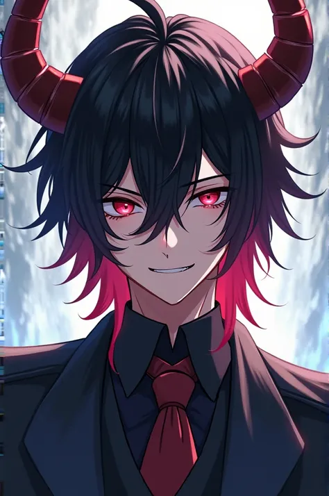 Anime man with dragon horns, black shoulder-length hair with red tips