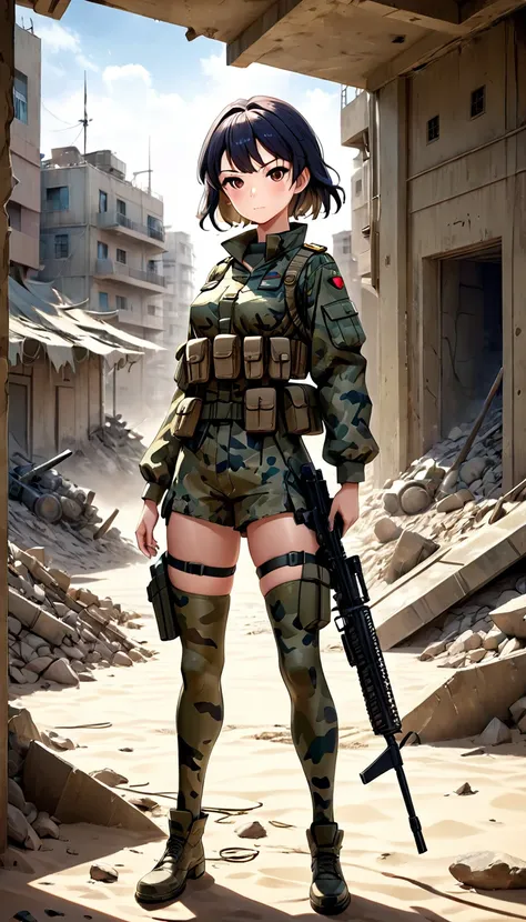 una chica militar fuertemente weaponda, weapon:1.3, military camouflage pattern, rugged and battle-worn, 3d anime representation...